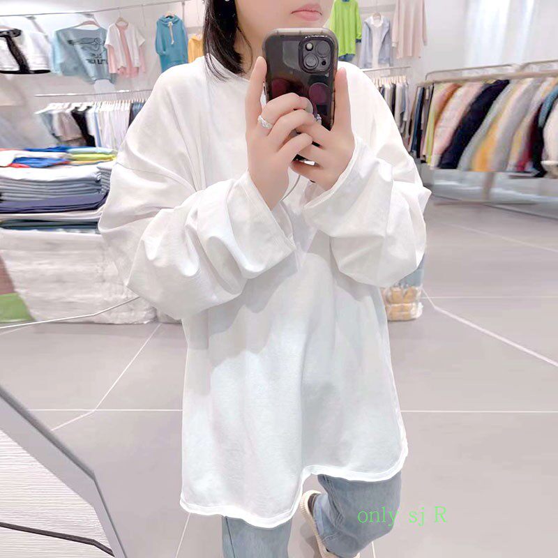 白色长袖t恤女春秋上衣纯棉打底衫宽松慵懒风卫衣叠穿长款内搭白t