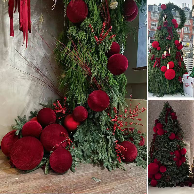 红丝绒布球商场圣诞节日场景布置装饰圣诞树挂饰店铺橱窗网红美陈
