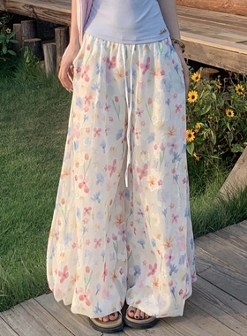 3MER哦哦三妹彩色碎花阔腿花苞裙裤女夏季小个子高腰垂感休闲裤子