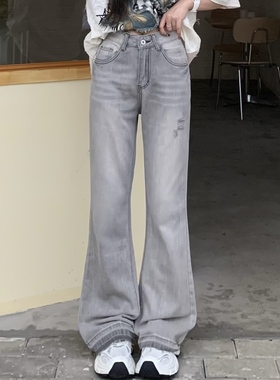 3MER哦哦三妹美式辣妹烟灰色微喇牛仔裤女夏季复古显瘦拖地长裤子