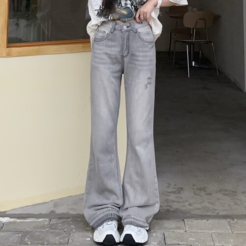 美式辣妹烟灰色微喇牛仔裤女