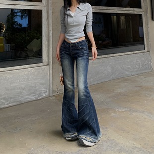 3MER哦哦三妹超模低腰微喇牛仔裤女2025新款修身毛边拖地喇叭裤子