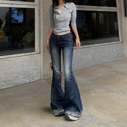 3MER哦哦三妹超模低腰微喇牛仔裤女2025新款修身毛边拖地喇叭裤子