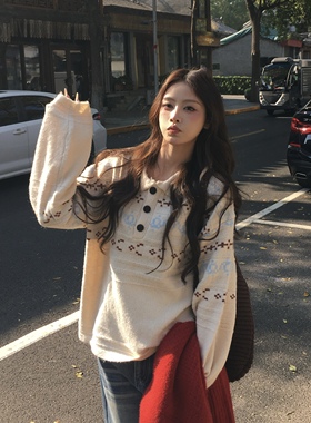 3MER哦哦三妹复古费尔岛提花POLO领毛衣女秋冬韩系慵懒针织衫上衣