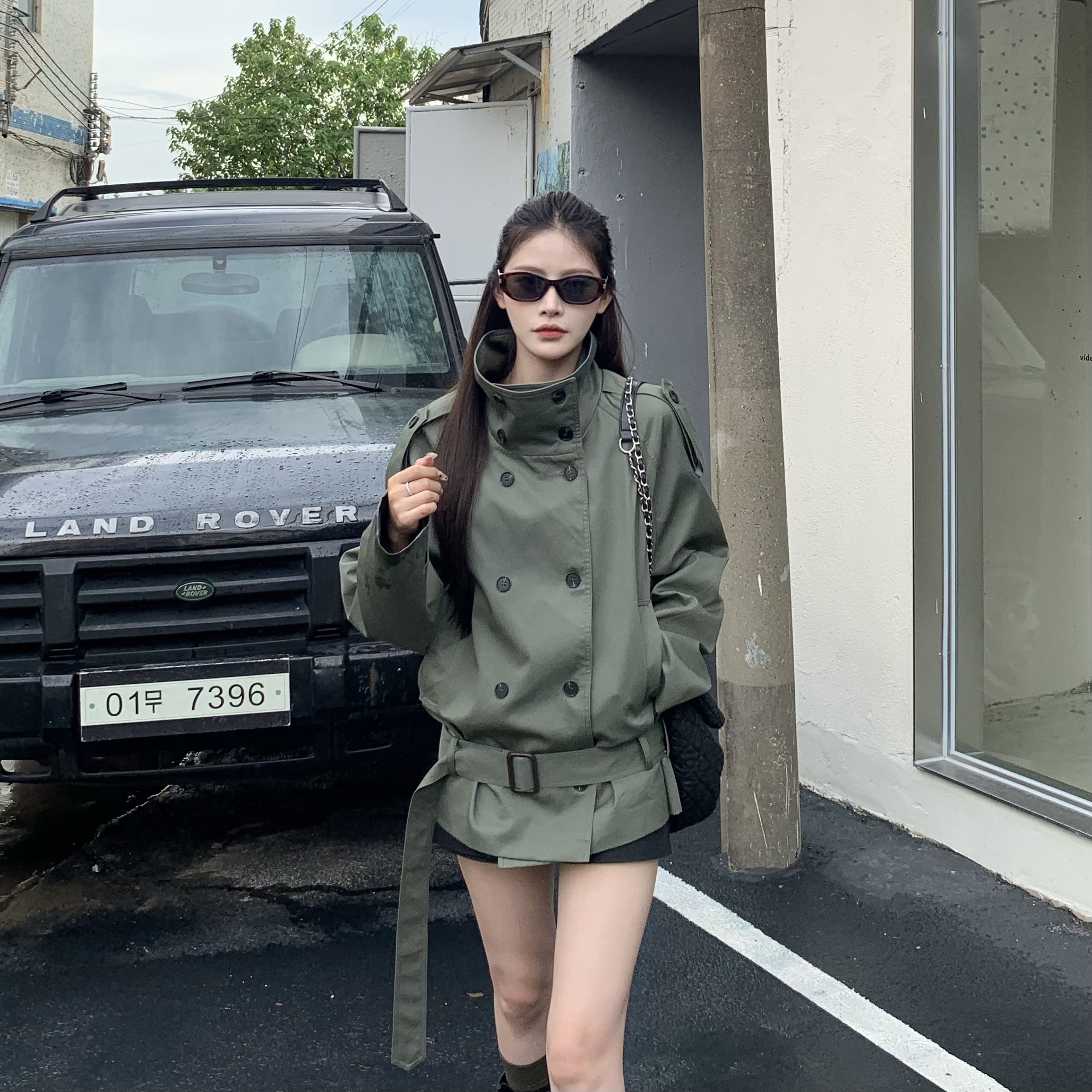 3MER高级感墨绿色短款风衣外套