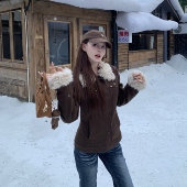 新款 3MER哦哦三妹美式 棕色毛毛领夹克外套女冬季 收腰显瘦夹棉上衣