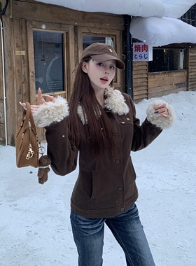 3MER哦哦三妹美式棕色毛毛领夹克外套女冬季新款收腰显瘦夹棉上衣