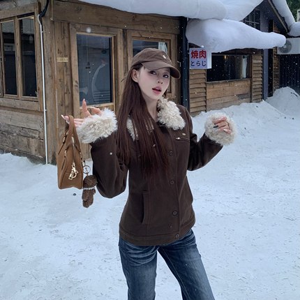 3MER哦哦三妹美式棕色毛毛领夹克外套女冬季新款收腰显瘦夹棉上衣