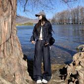 两件套装 3MER哦哦三妹美式 复古水洗酷飒牛仔外套女宽松直筒阔腿裤