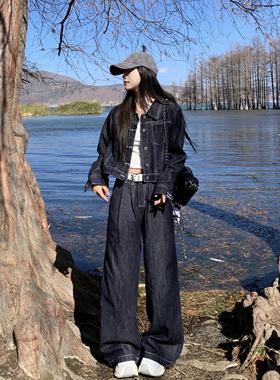 3MER哦哦三妹美式复古水洗酷飒牛仔外套女宽松直筒阔腿裤两件套装