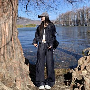 两件套装 3MER哦哦三妹美式 复古水洗酷飒牛仔外套女宽松直筒阔腿裤