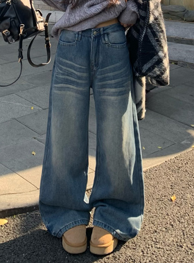 3MER哦哦三妹蓝色水洗加绒阔腿牛仔裤女秋冬垂感宽松拖地直筒裤子
