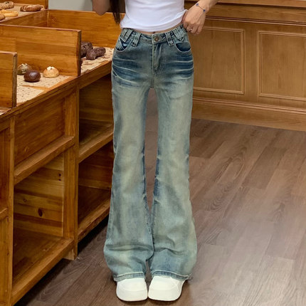 3MER哦哦三妹 美式辣妹显瘦微喇牛仔裤女包臀显瘦复古拖地长裤子