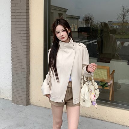 3MER哦哦三妹美式复古气质工装夹克女宽松秋冬廓形机车风麂皮外套