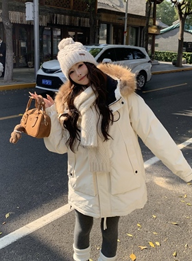 3MER哦哦三妹90白鸭绒毛领连帽羽绒服女冬季中长款保暖防风派克服