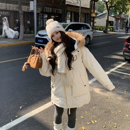3MER哦哦三妹90白鸭绒毛领连帽羽绒服女冬季中长款保暖防风派克服