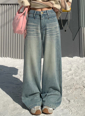 3MER哦哦三妹浅蓝色水洗加绒直筒牛仔裤女冬季设计感宽松阔腿裤子