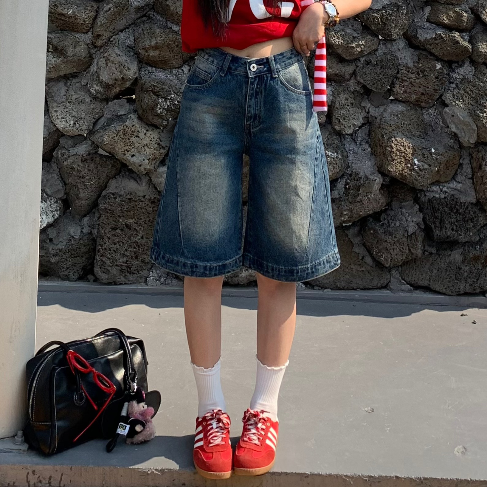 3MER哦哦三妹美式复古深蓝色五分牛仔裤女夏季宽松阔腿直筒短裤子