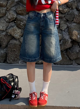 3MER哦哦三妹美式复古深蓝色五分牛仔裤女夏季宽松阔腿直筒短裤子