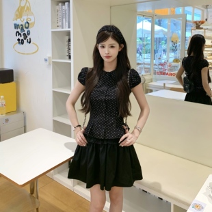 3MER哦哦三妹韩系娃娃领波点泡泡袖衬衫女木耳边半身裙套装两件套