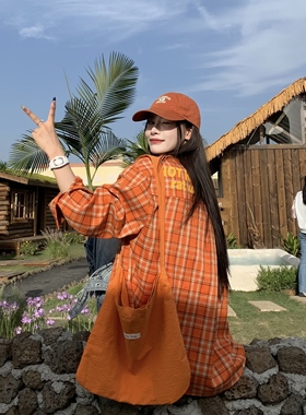 3MER哦哦三妹橙色格子衬衫女春秋季美式复古宽松休闲长袖衬衣外套
