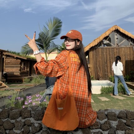 3MER哦哦三妹橙色格子衬衫女春秋季美式复古宽松休闲长袖衬衣外套