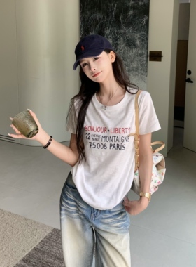 3MER哦哦三妹 韩系正肩白色短袖T恤女夏显瘦简约字母休闲圆领上衣