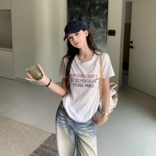 3MER哦哦三妹 韩系正肩白色短袖T恤女夏显瘦简约字母休闲圆领上衣
