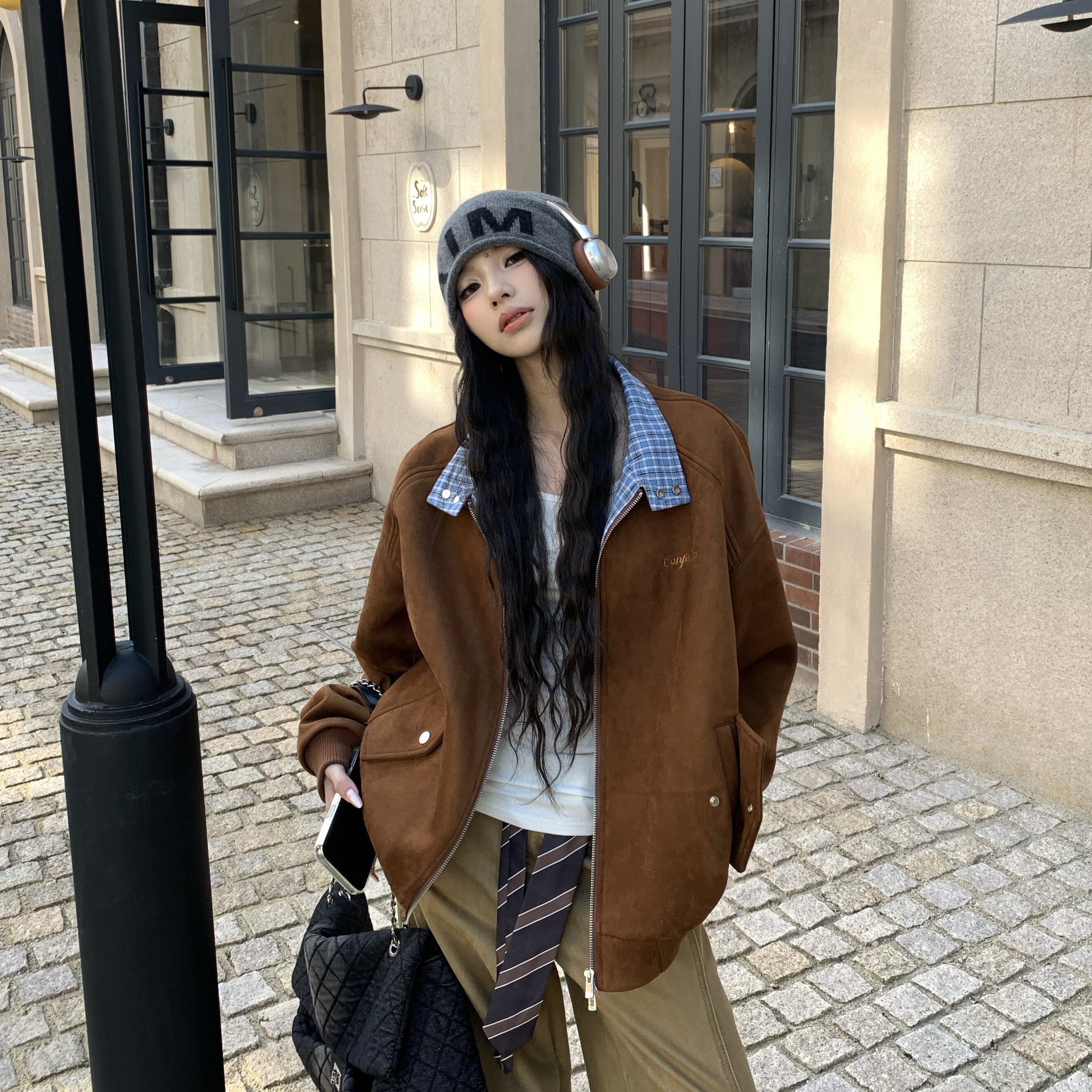 3MER哦哦三妹 格子拼接麂皮绒翻领卡其色外套女秋冬新款慵懒夹克,女装/女士精品,短外套,淘宝优惠券,粉丝福利购,淘宝优惠卷