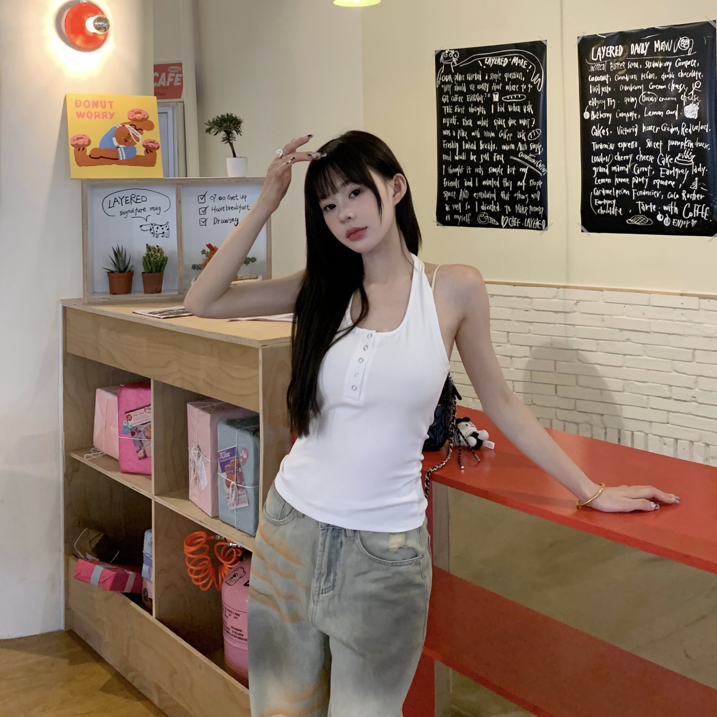 3MER哦哦三妹辣妹挂脖吊带背心女夏修身显瘦内搭外穿排扣无袖上衣
