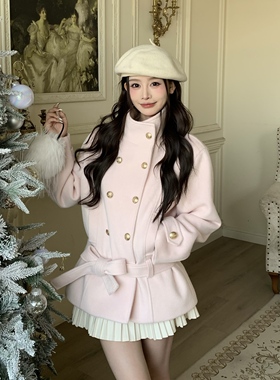 3MER哦哦三妹千金感粉色双排扣呢子羊毛大衣女冬收腰夹棉毛呢外套