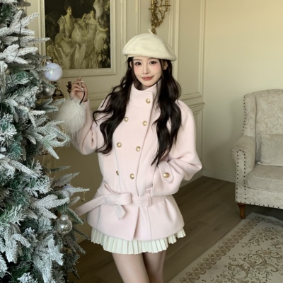 3MER千金感粉色呢子羊毛夹棉大衣