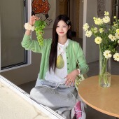 女2025春季 新款 薄款 3MER哦哦三妹绿色针织小开衫 长袖 上衣毛衣外套