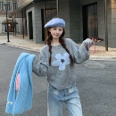 3MER哦哦三妹 韩系慵懒花朵圆领毛衣女秋冬新款甜美长袖套头上衣