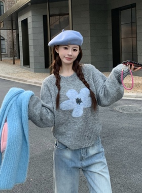 3MER哦哦三妹 韩系慵懒花朵圆领毛衣女秋冬新款甜美长袖套头上衣