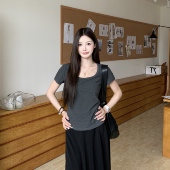 3MER哦哦三妹灰色方圆领正肩短袖 T恤女夏季 慵懒宽松内搭打底上衣