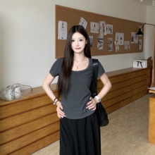 3MER哦哦三妹灰色方圆领正肩短袖T恤女夏季慵懒宽松显瘦辣妹上衣