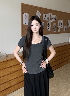 3MER哦哦三妹灰色方圆领正肩短袖T恤女夏季慵懒宽松内搭打底上衣