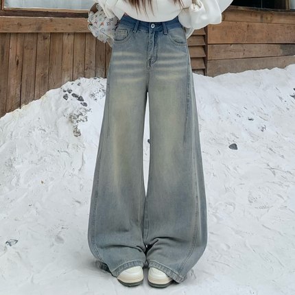 3MER哦哦三妹浅蓝色复古阴影边腰头牛仔裤女秋冬宽松显瘦阔腿裤子