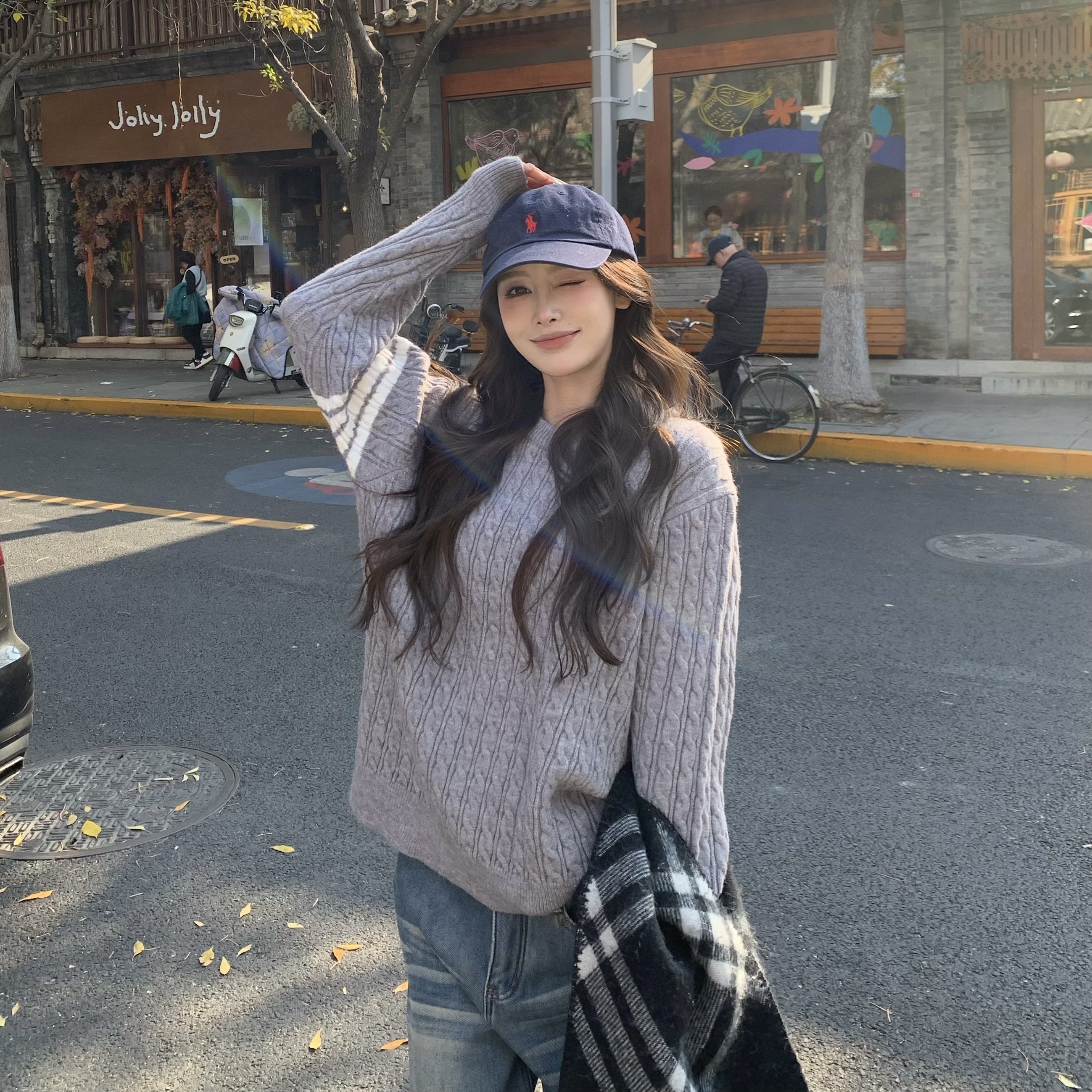 3MER复古麻花针织撞色圆领毛衣