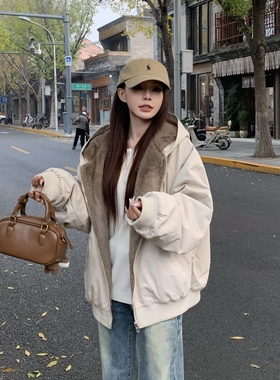 3MER哦哦三妹韩系慵懒正反两面穿毛毛连帽外套女冬季保暖加厚上衣