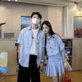 衬衫 3MER哦哦三妹蓝白条纹翻领中袖 收腰连衣裙女学院风夏日情侣款