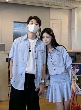 3MER哦哦三妹蓝白条纹翻领中袖收腰连衣裙女学院风夏日情侣款衬衫