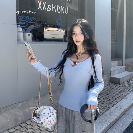 3MER哦哦三妹 三色串珠针织长袖T恤女秋修身显瘦辣妹内搭打底上衣