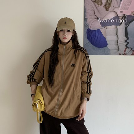 3MER哦哦三妹三条杠立领外套女2025秋季新款美式宽松休闲夹克上衣