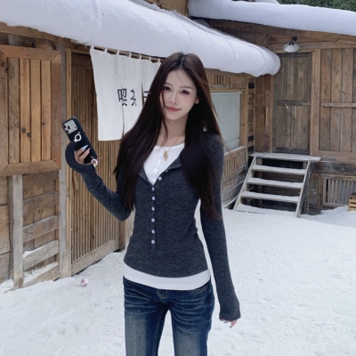 3MER假两件竖坑条长袖百搭打底