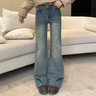 3MER哦哦三妹蓝色复古微喇牛仔裤女美式修身垂感直筒马蹄喇叭裤子