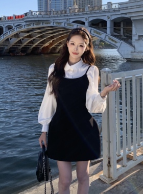 3MER哦哦三妹法式千金黑色吊带连衣裙女春季新款气质收腰短裙套装