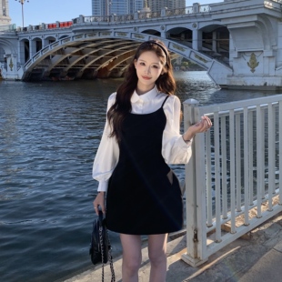 3MER哦哦三妹法式千金黑色吊带连衣裙女春季新款气质收腰短裙套装