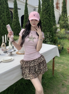 3MER哦哦三妹 豹纹星星贴布绣粉色正肩短袖T恤女修身显瘦圆领上衣